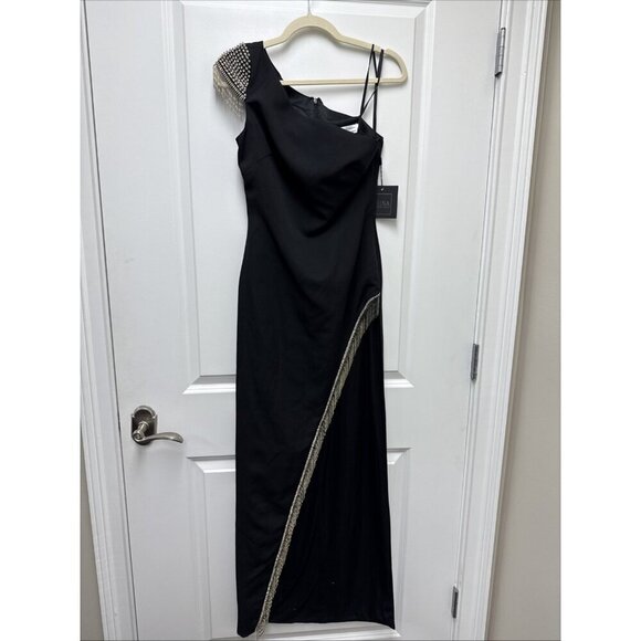 Mac Duggal Size 2 Black 27447 one shoulder rhinestone fringe gown Dress Prom New - Picture 5 of 16